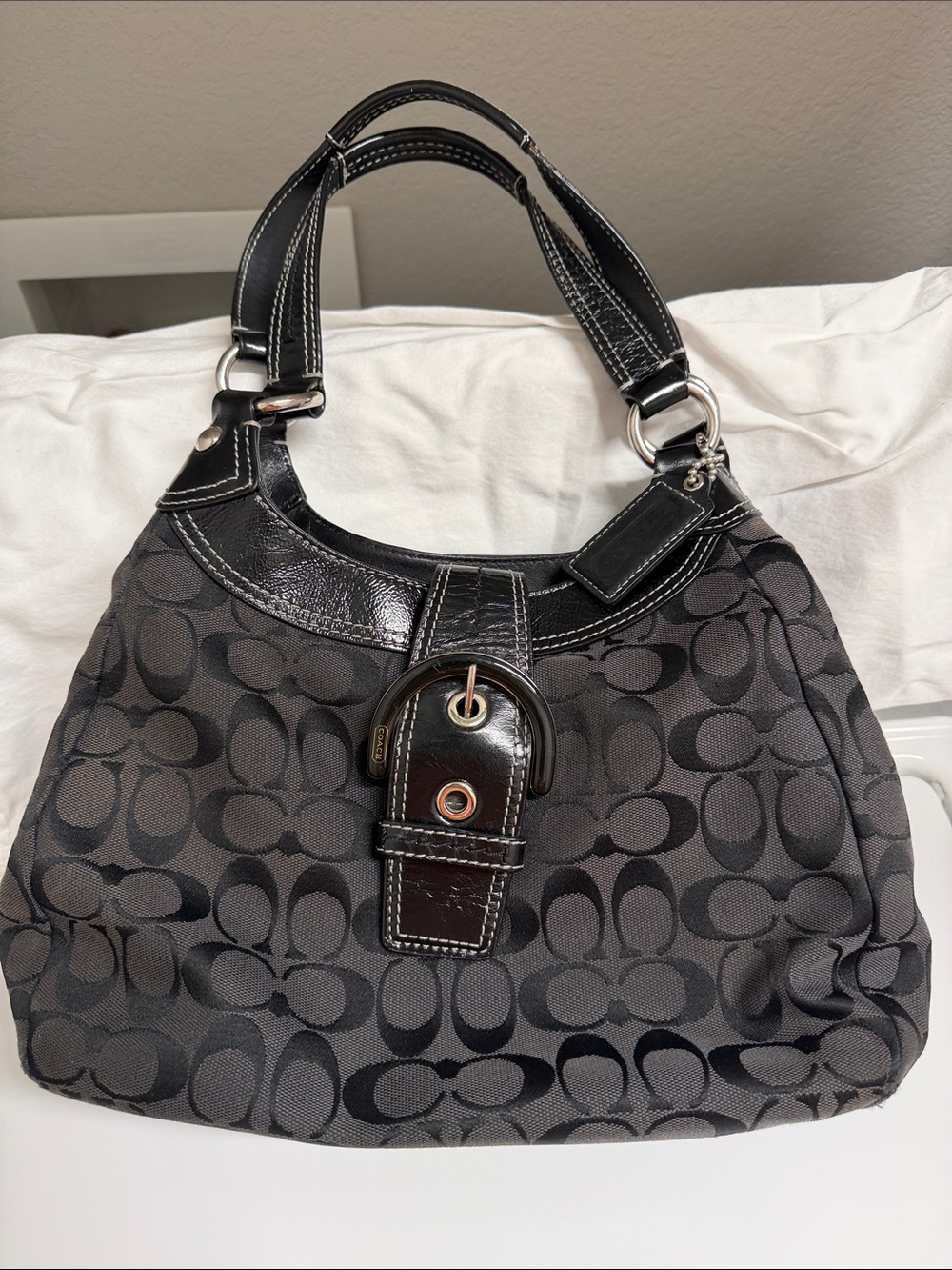 Coach Black Signature Jacquard Shoulder Bag with Glossy Trim